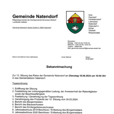 Bekanntmachung Zur 13. Sitzung des Rates der Gemeinde Natendorf am Dienstag 18.06.2024