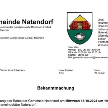 Sitzung des Rates der Gemeinde Natendorf am Mittwoch 16.10.2024 um 19:00 Uhr