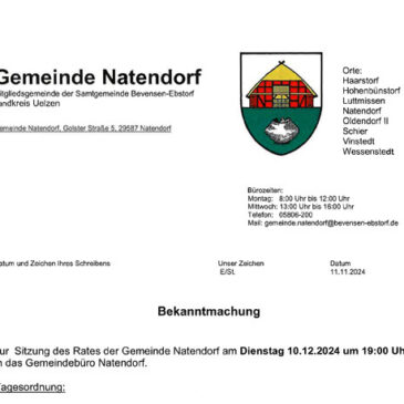 Sitzung des Rates der Gemeinde Natendorf am Dienstag 10.12.2024 um 19:00 Uhr