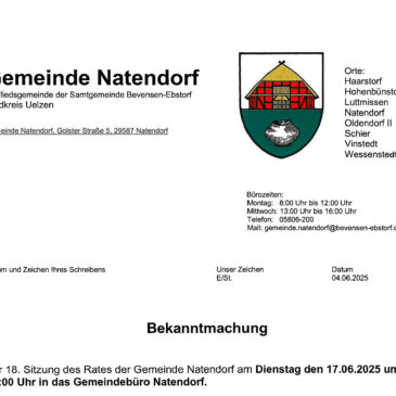 18. Sitzung des Rates der Gemeinde Natendorf am Dienstag den 17.06.2025 um19:00 Uhr
