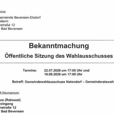 Bekanntmachung: Offentliche Sitzung des Wahlausschusses