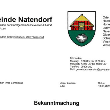 23. öffentlichen Sitzung des Rates der Gemeinde NatendorfAm 18.08.2026 um 19:00 Uhr